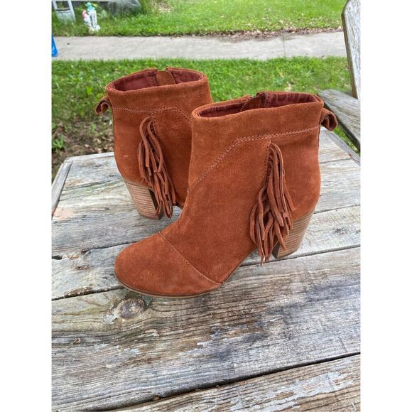 Toms Fringed Ankle Boot Rust Suede Boho Western Festival Booties Wm’s Sz 8 - Picture 3 of 7